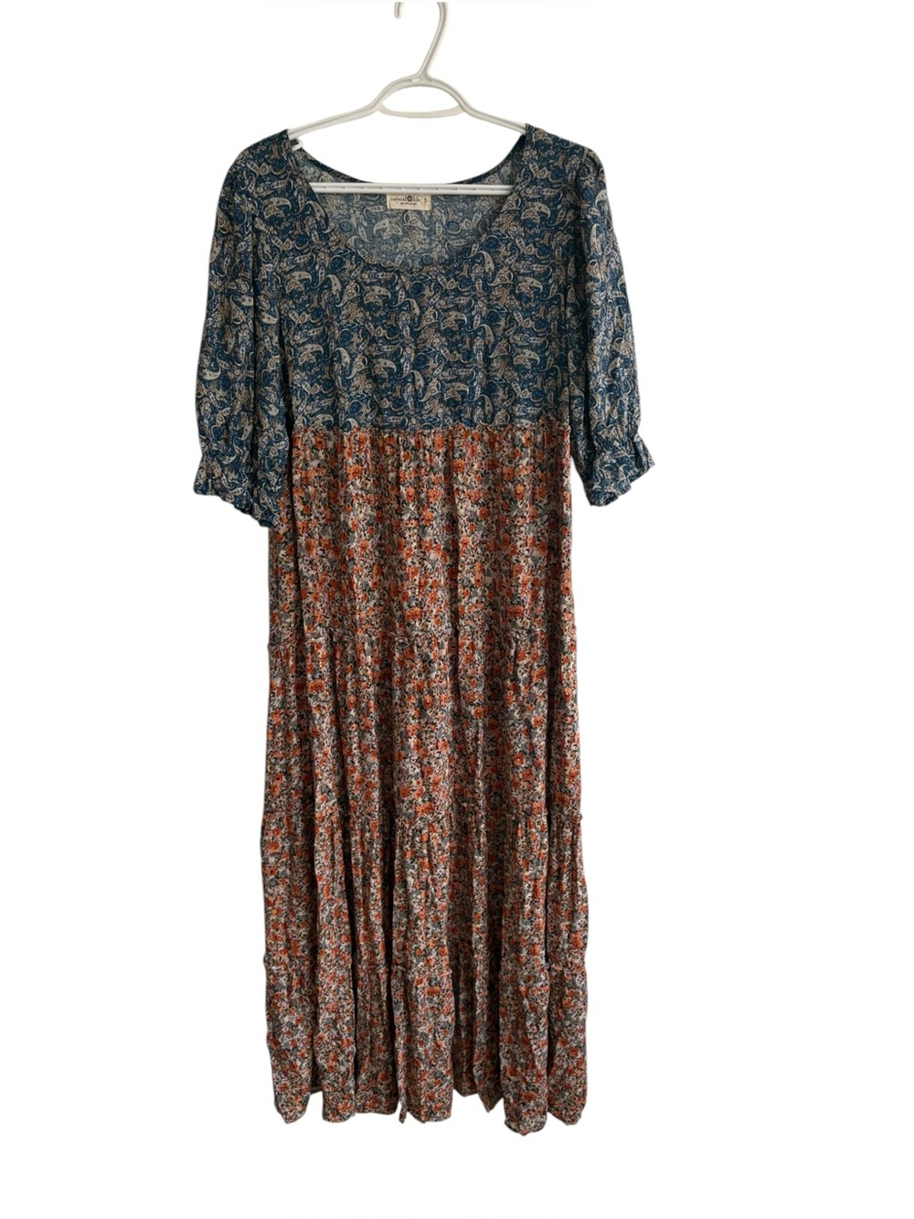Natural Life Small Maxi Dress Boho Paisley Floral Tiered Long Sleeve Sz Small